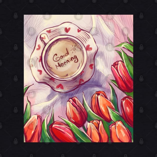 Illustration artwork with coffee red tulips flowers by Elishas art original 